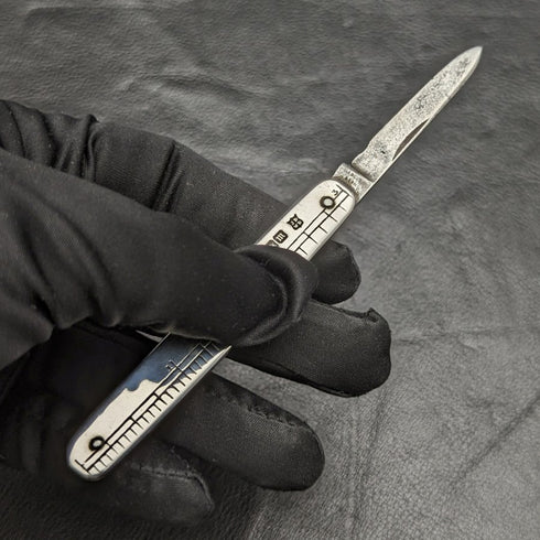 1904年 英国アンティーク 純銀ハンドル 折りたたみミニナイフ 物差し付き